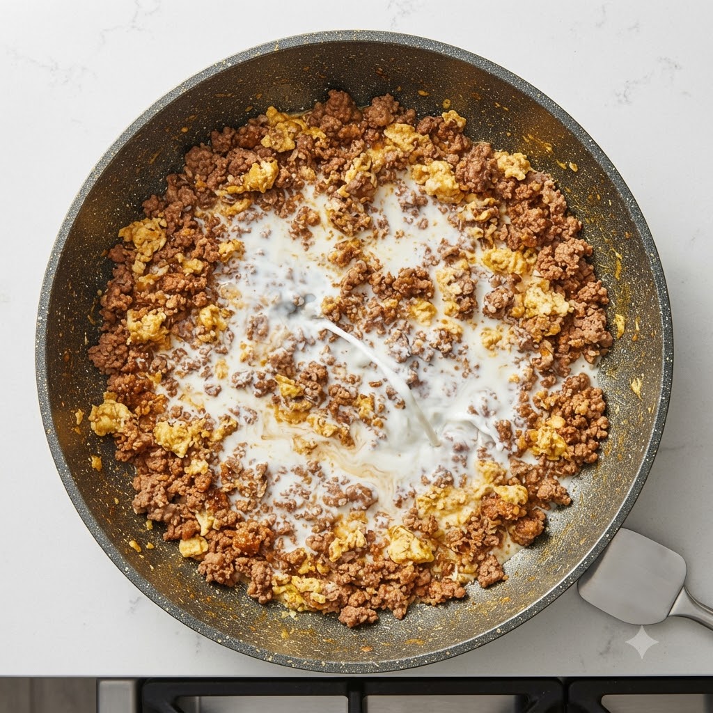 Milk being poured into the center of a pan filled with browned minced meat.