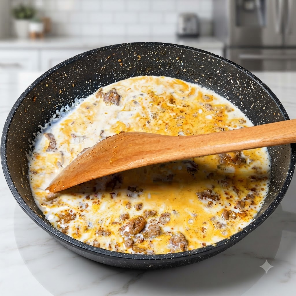 A wooden spatula mixing milk and minced meat inside a dark frying pan.