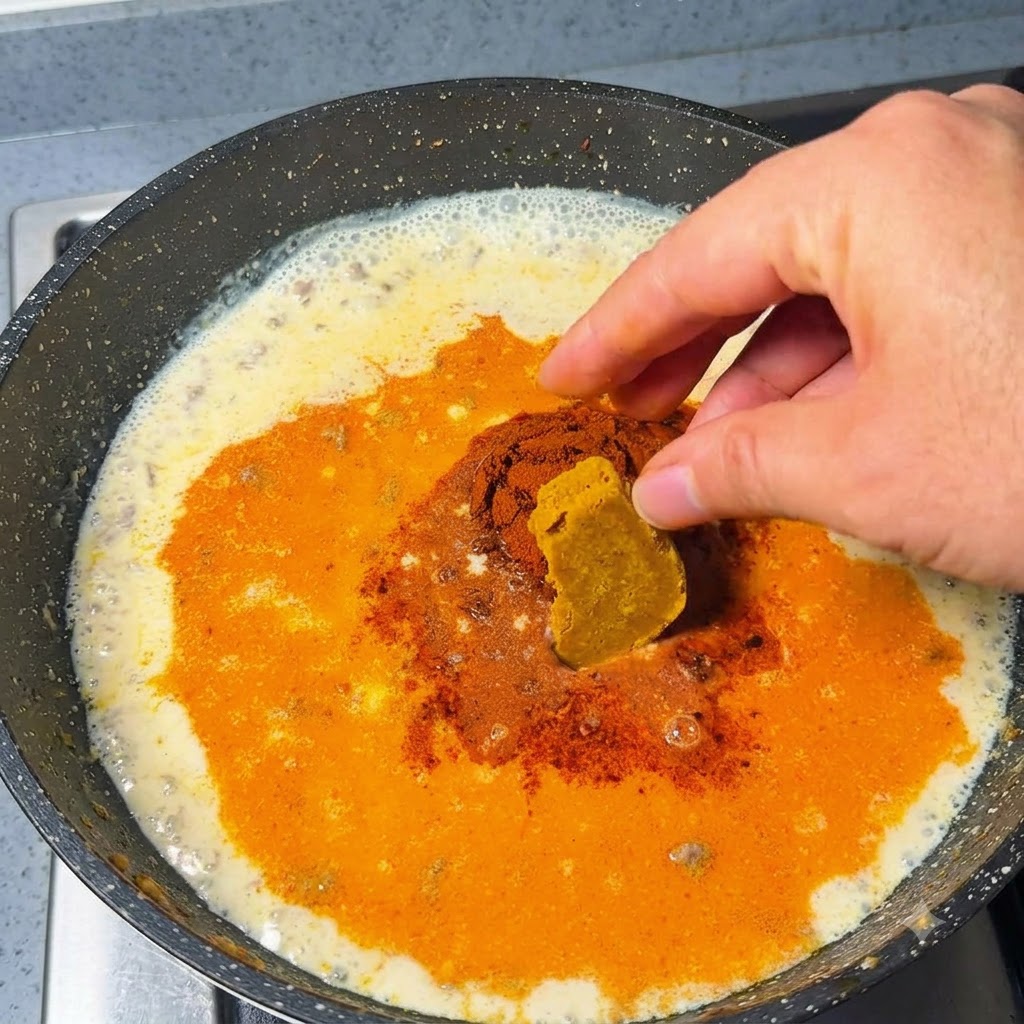 A hand placing curry cubes and powder on top of the simmering liquid in the pan.