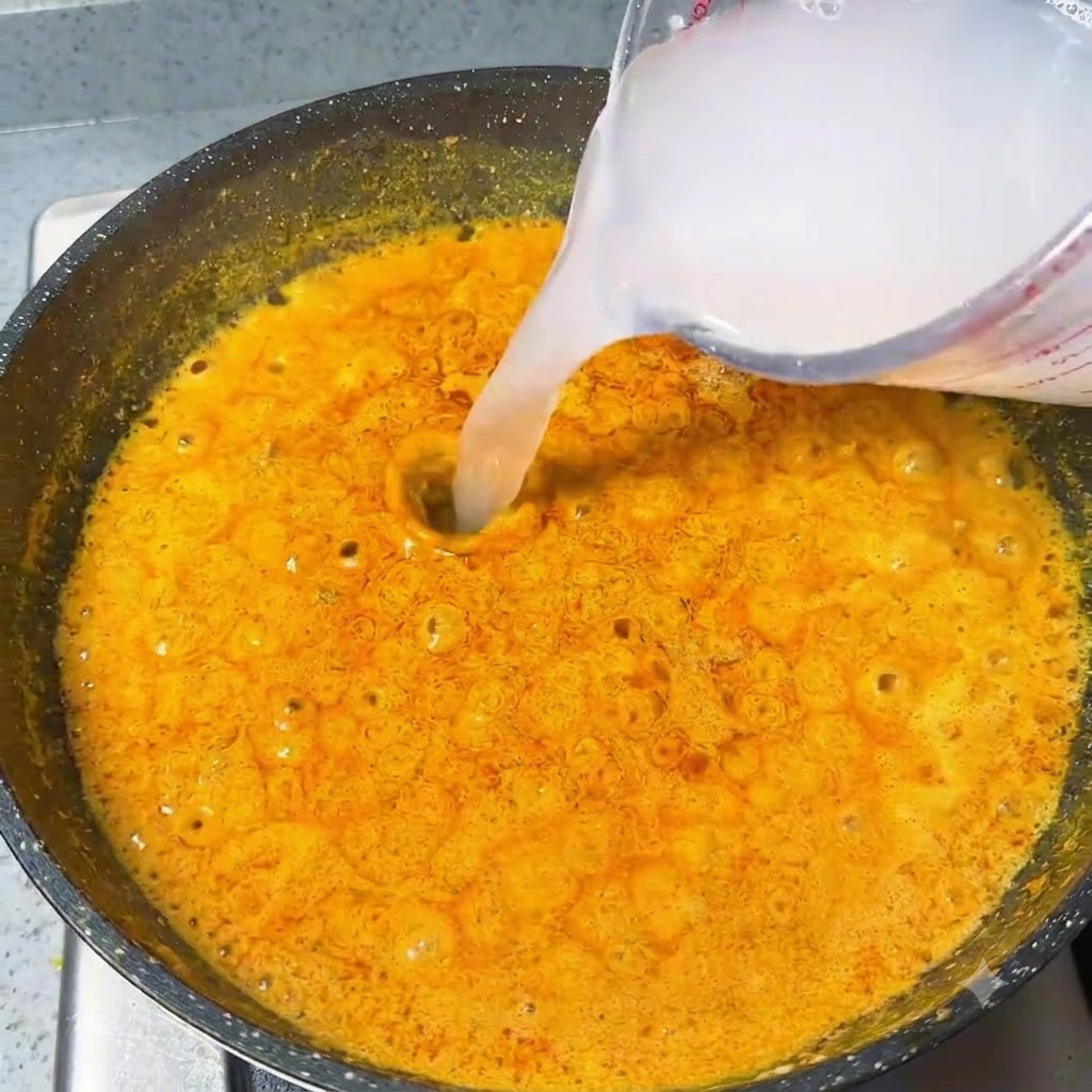 Water being poured from a measuring cup into a bubbling orange curry sauce.