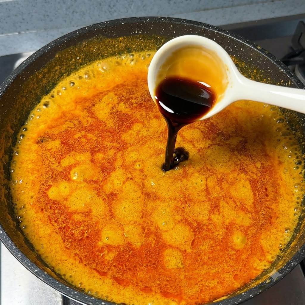 Soy sauce being poured from a white spoon into a simmering pot of orange curry sauce.