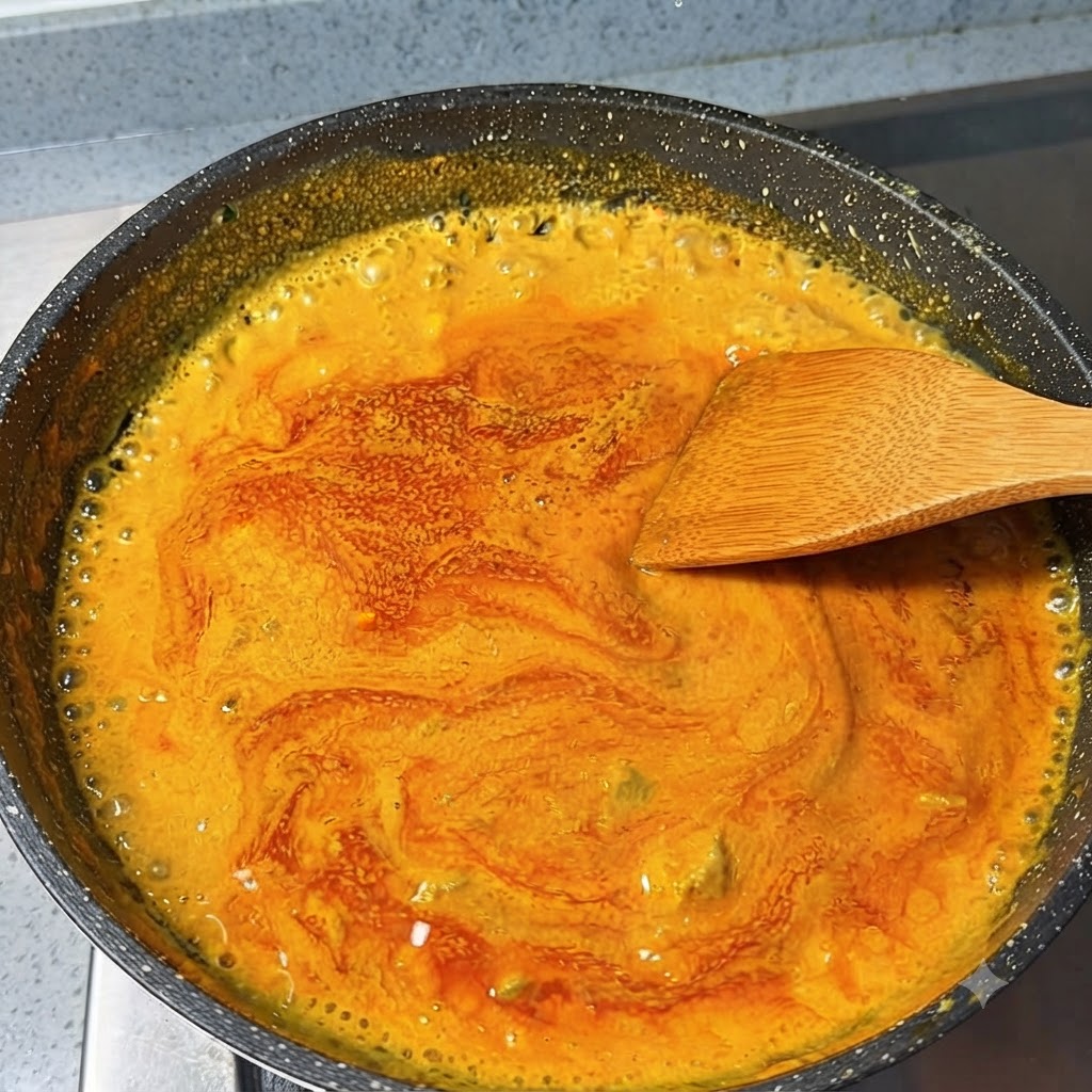 Thickening Japanese curry sauce bubbling in a frying pan being stirred with a wooden spatula.
