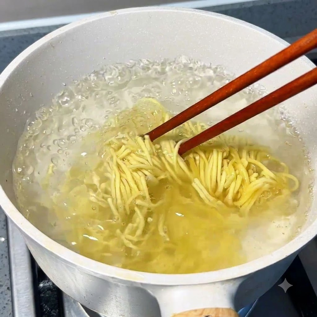 Japanese ramen noodles cooking in a pot of boiling water with wooden chopsticks separating them.