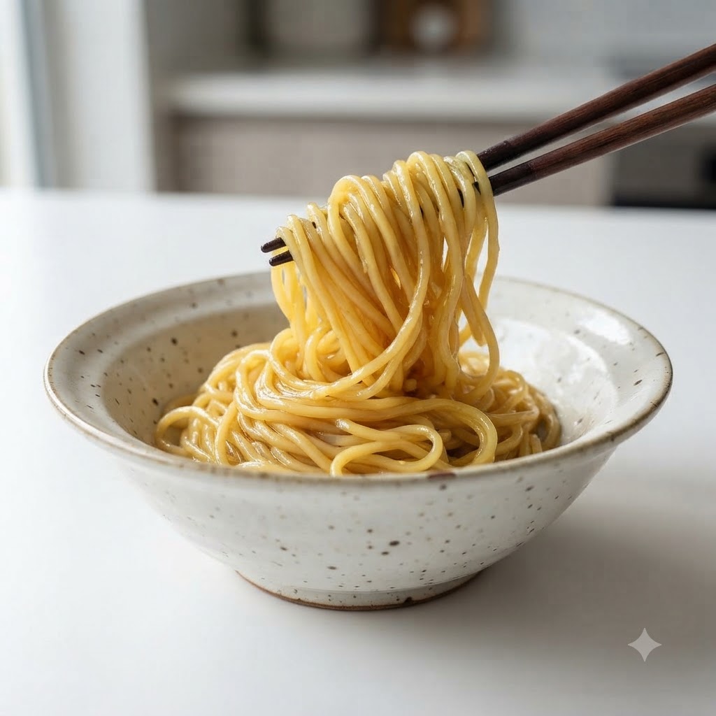 Cooked ramen noodles being lifted with chopsticks and placed into a ceramic serving bowl.