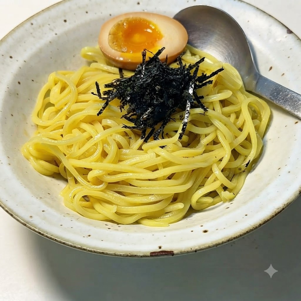 A halved soft-boiled egg being positioned on top of the garnished ramen noodles.