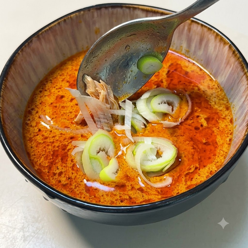 Freshly sliced green onions being dropped into a bowl of warm, spiced Japanese curry sauce.