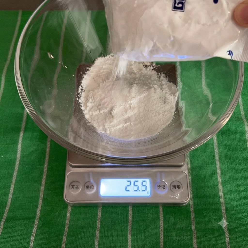 Dry ingredients being poured into a clear glass bowl on a digital kitchen scale.
