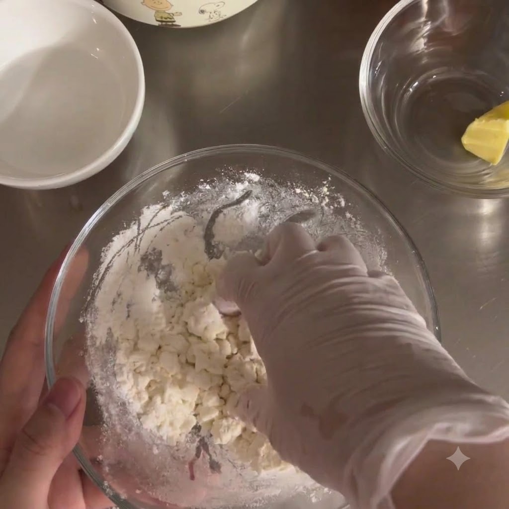 A gloved hand kneading dough inside a clear glass mixing bowl.