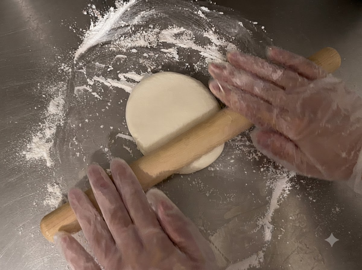 A wooden rolling pin flattening a round piece of dough on a floured surface.