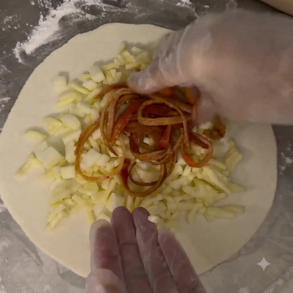 Diced mozzarella cheese, spicy noodles, and crab sticks arranged on top of a circle of raw dough.