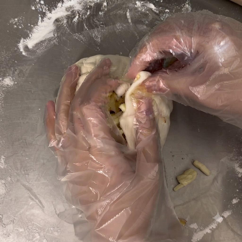 Gloved hands pinching and gathering the edges of a dough wrapper over a massive mound of cheese and noodle filling.