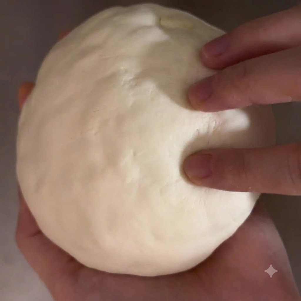 Fingers gently pressing and smoothing the surface of a large, round stuffed dough ball.