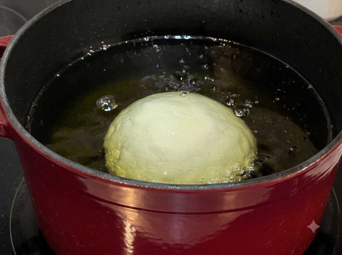 A large round dough ball frying in a red pot filled with bubbling hot cooking oil.