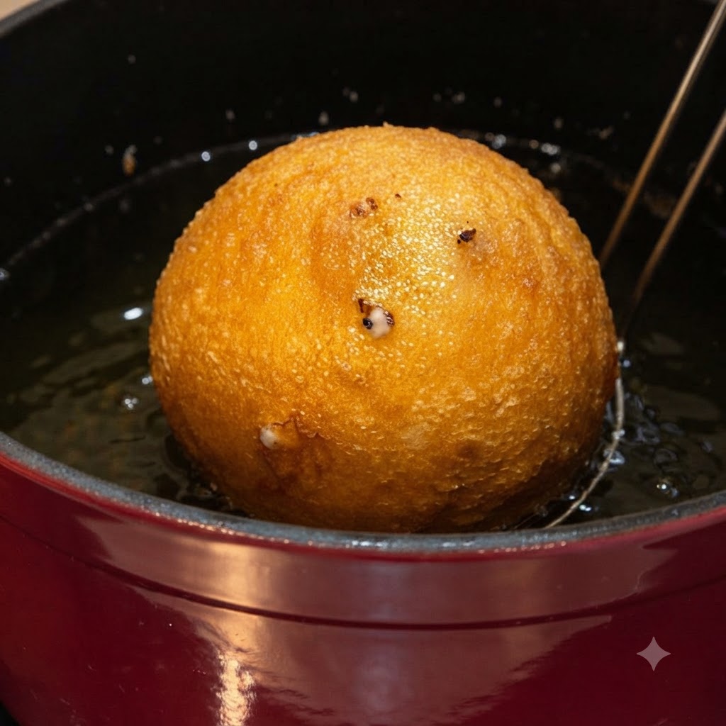 A golden-brown fried ball being lifted from hot oil with a metal wire skimmer.