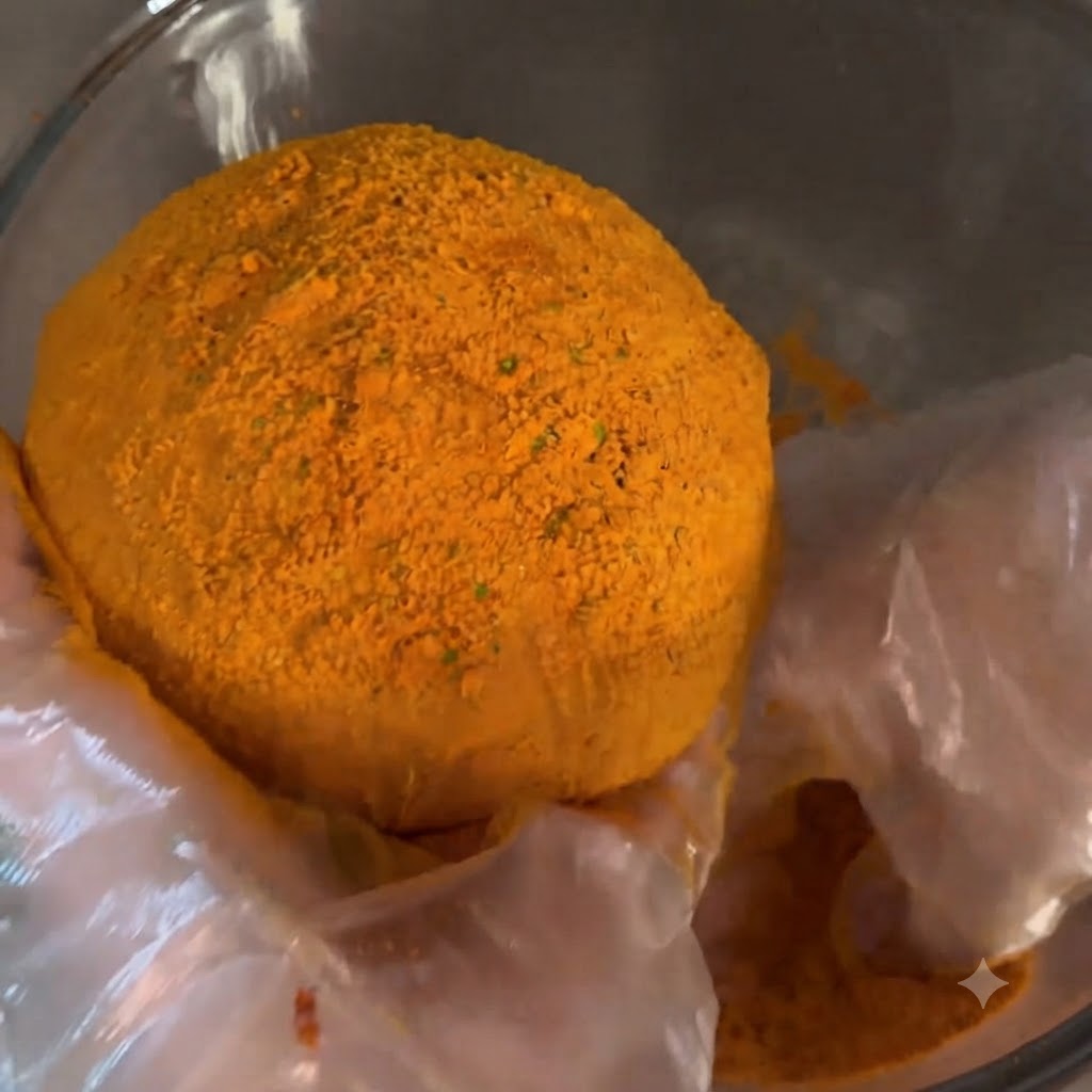 A golden-brown fried ball covered in vibrant orange spicy cheese powder inside a glass bowl.