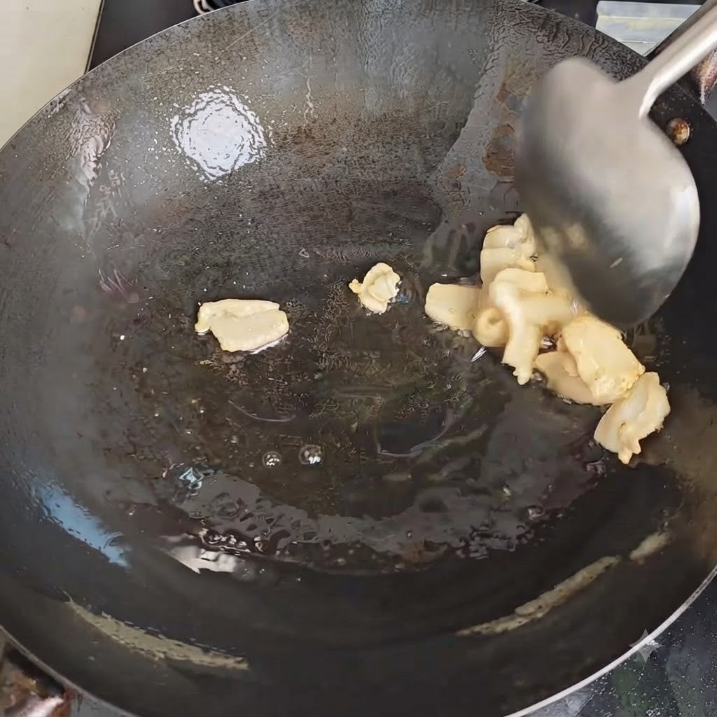 A metal spatula stirring pieces of pork fat as they render in a hot wok.