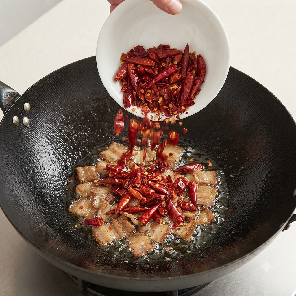 A white bowl pouring chopped dried red chili peppers into a wok containing rendered pork fat.
