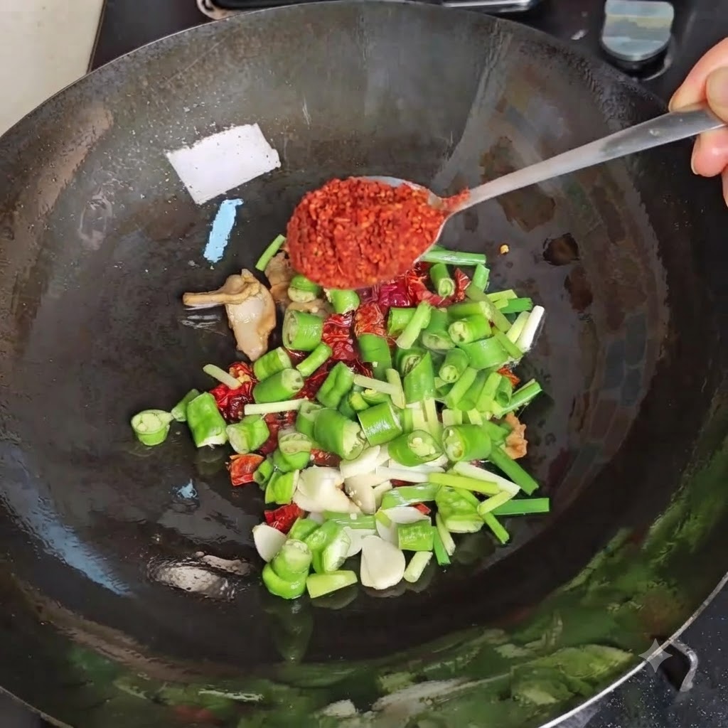 A spoonful of bright red chili powder being poured into a seasoned wok containing sliced green chilies and other aromatics.