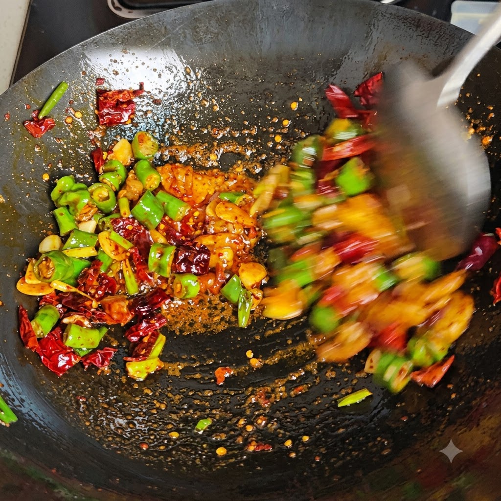A fast-moving metal spatula violently tossing green and red chilies, garlic, and pork fat in a hot wok.