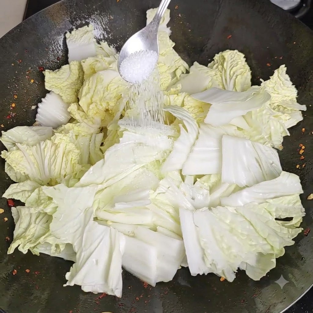 Chicken bouillon powder being sprinkled from a spoon onto the ingredients in the wok.
