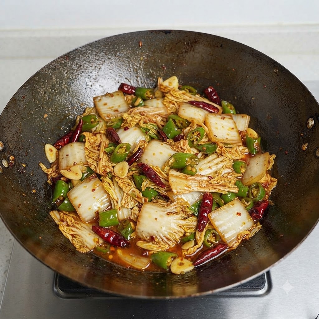 Cooked spicy Chinese cabbage mixture with visible juices and oil in the wok.