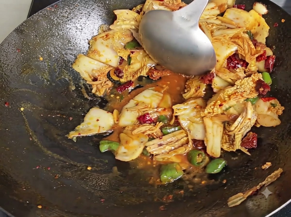 Thick cooked noodles resting on a white ceramic plate.