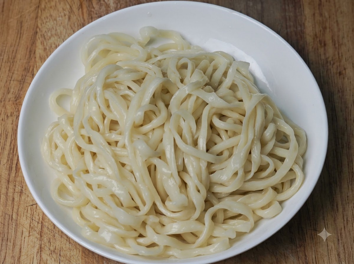 Spicy Chinese cabbage topping being spooned onto a plate of thick noodles.