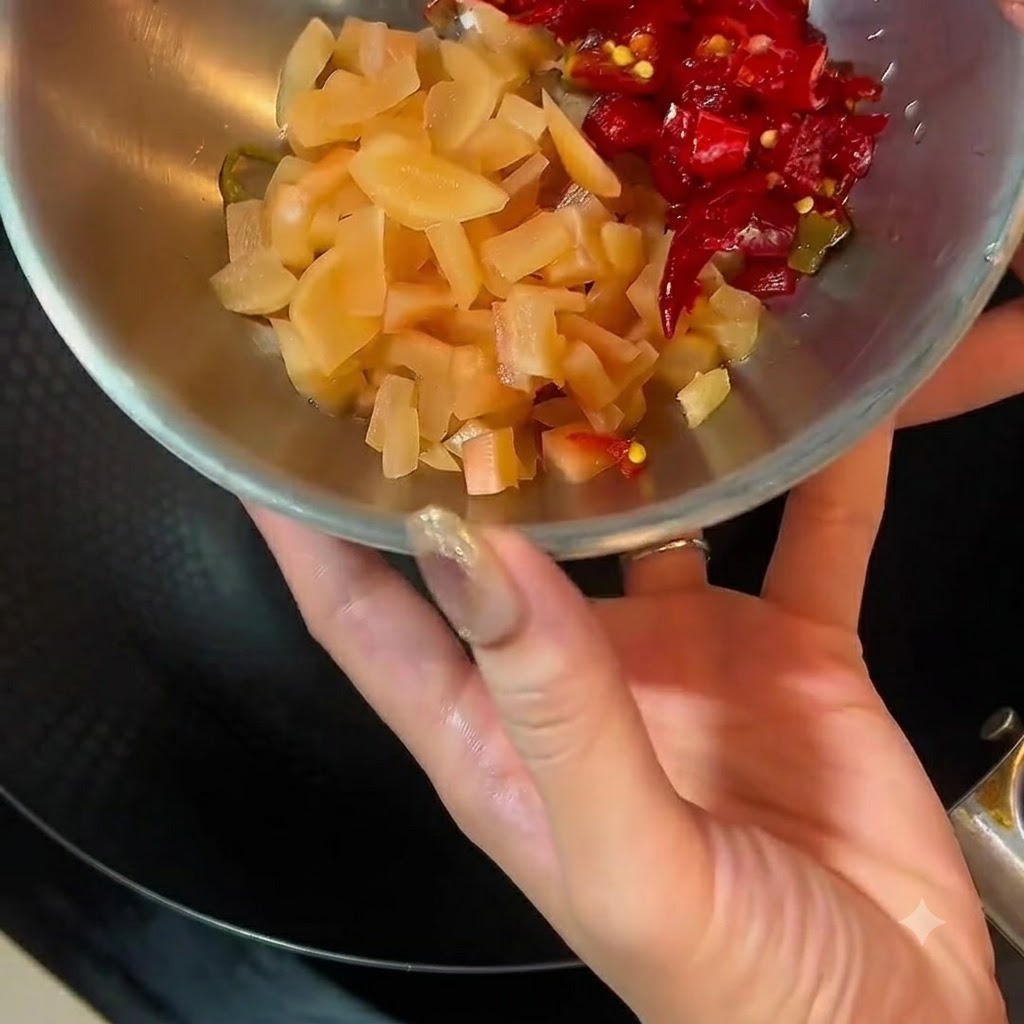 A metal bowl filled with chopped pickled radish and red chilies positioned above a wok.