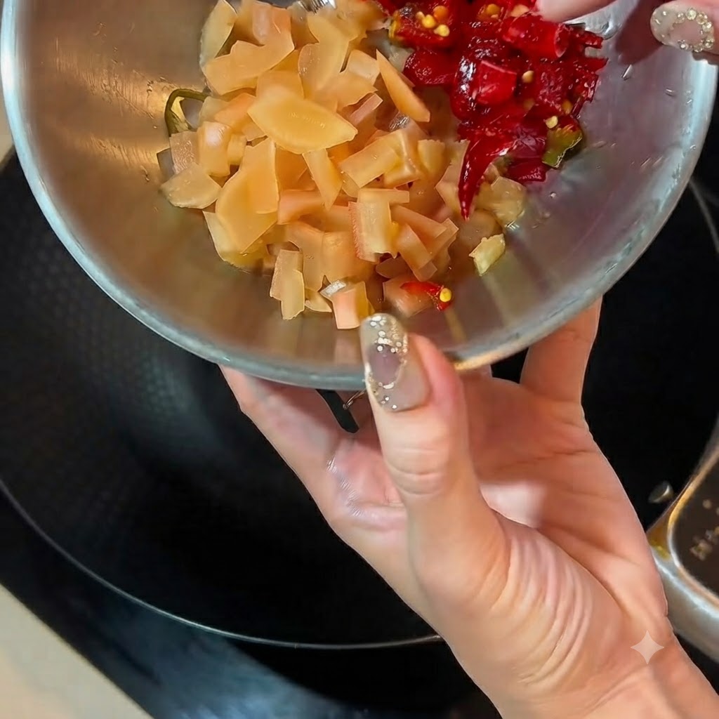 Pickled radish and red chilies in a wok with a stream of oyster sauce pouring from a bottle.