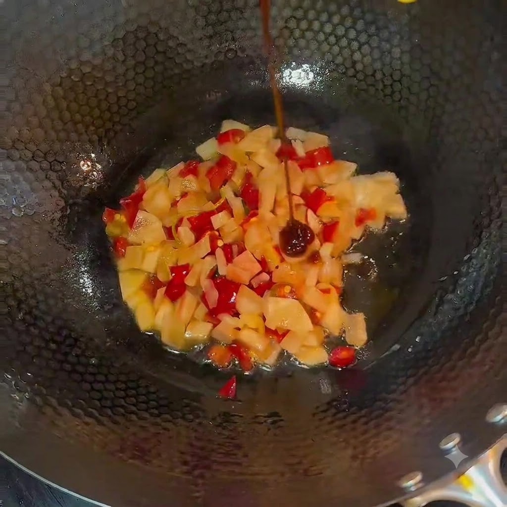 Seasonings being poured into a wok containing chopped pickles and stirred thoroughly.