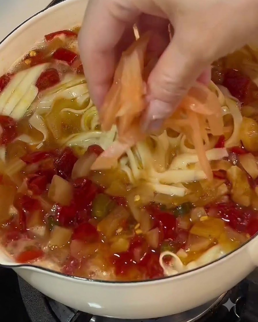 Pickled radish strips being scattered on top of a pot of noodles and broth.