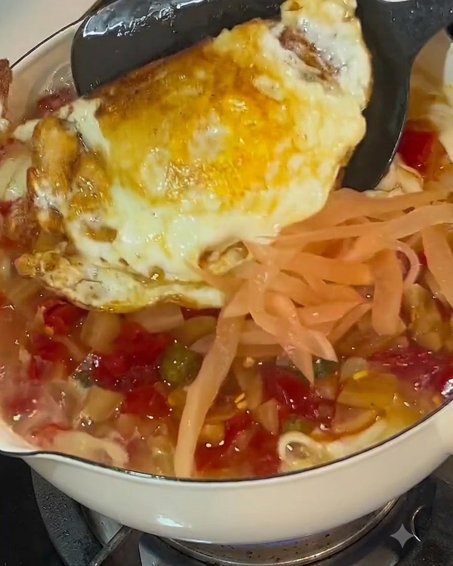 A spatula placing a golden fried egg into a pot filled with noodles, diced tomatoes, and pickled cabbage strips.