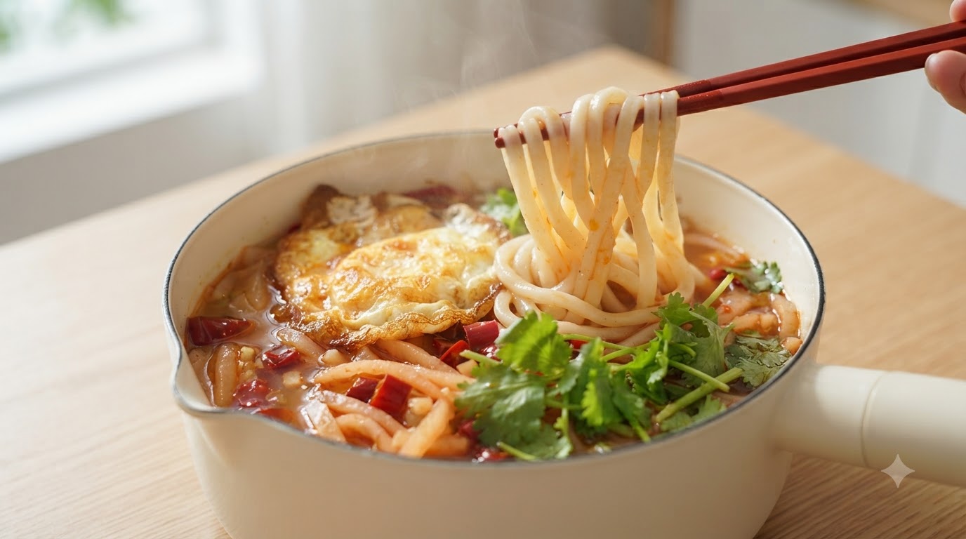 A bowl of steaming hot sour soup noodles topped with a fried egg, pickled radish, chopped chili, and fresh cilantro