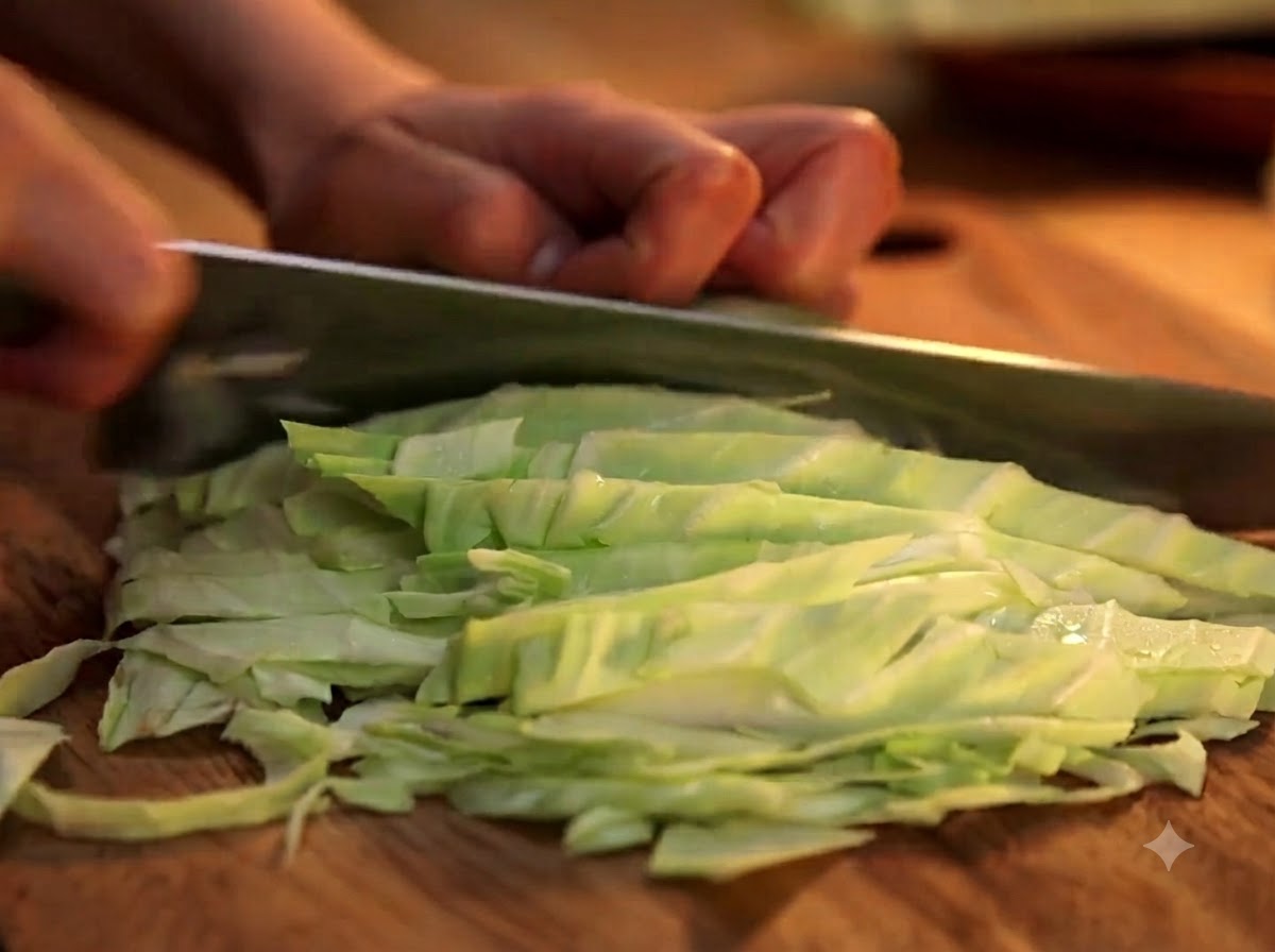 A sharp knife cutting green cabbage into thin slices on a wooden board.