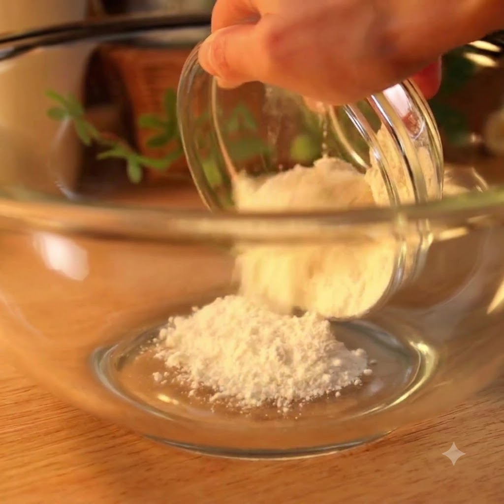 Water being poured from a small bowl into white cake flour in a larger glass bowl.