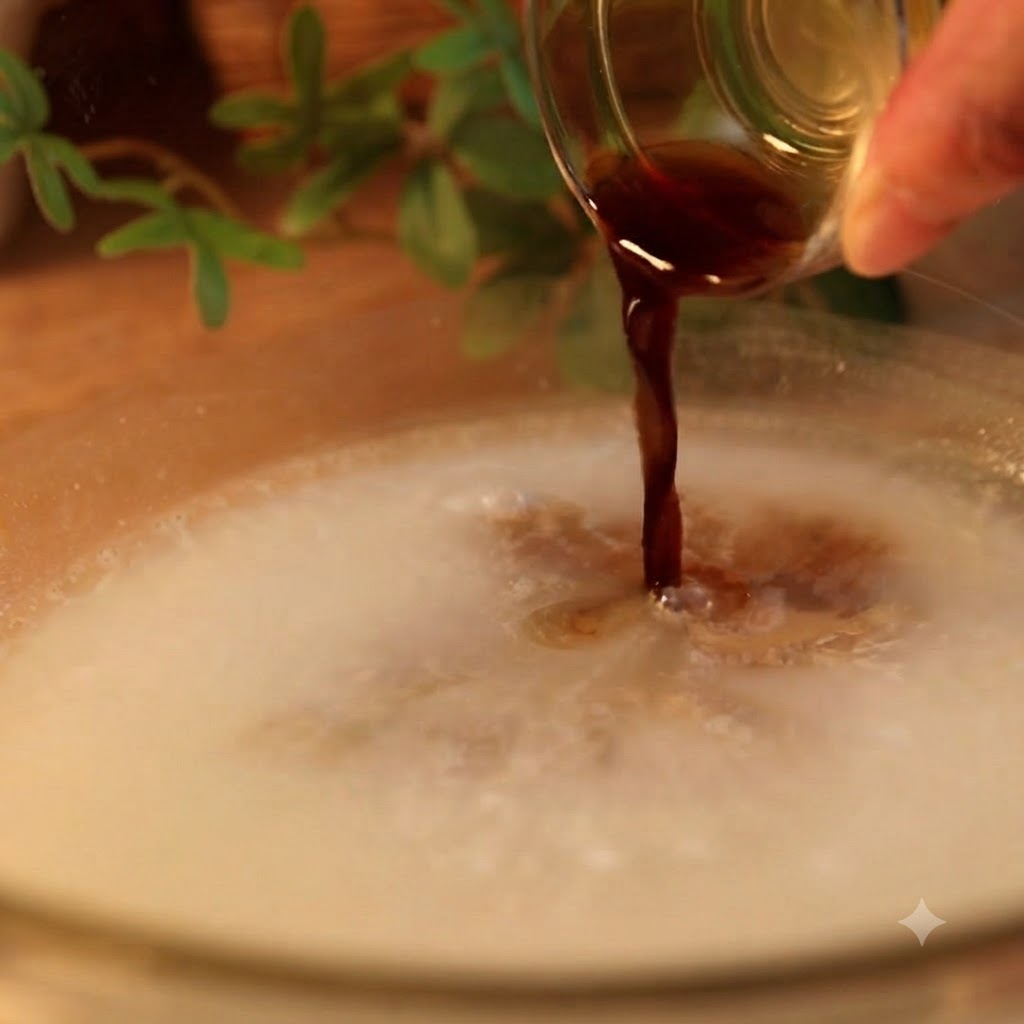 Dark soy and Worcestershire sauce being poured into a bowl of liquid batter.