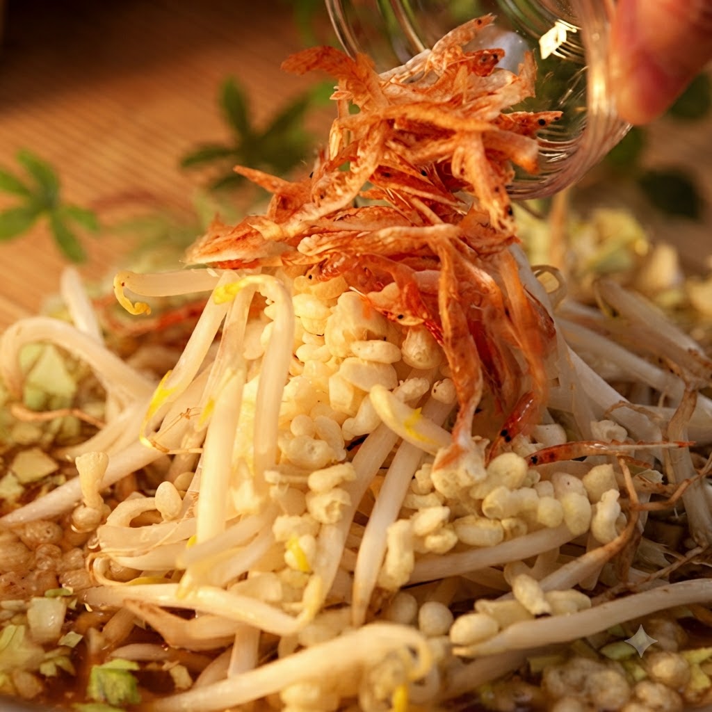 Pink sakura shrimp and red pickled ginger being added over a mound of bean sprouts, cabbage, and tempura bits.