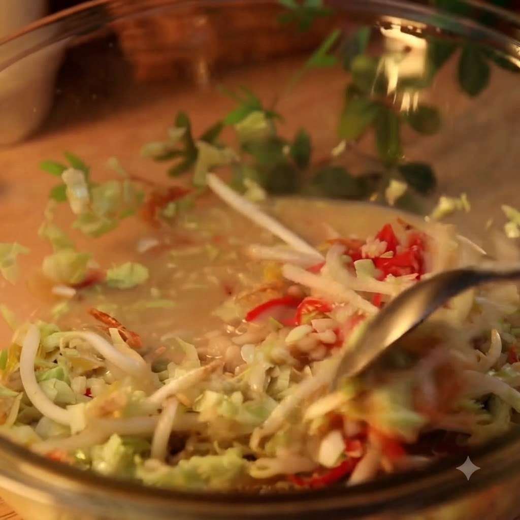 A spoon stirring a bowl filled with cabbage, bean sprouts, red pickled ginger, shrimp, and batter.