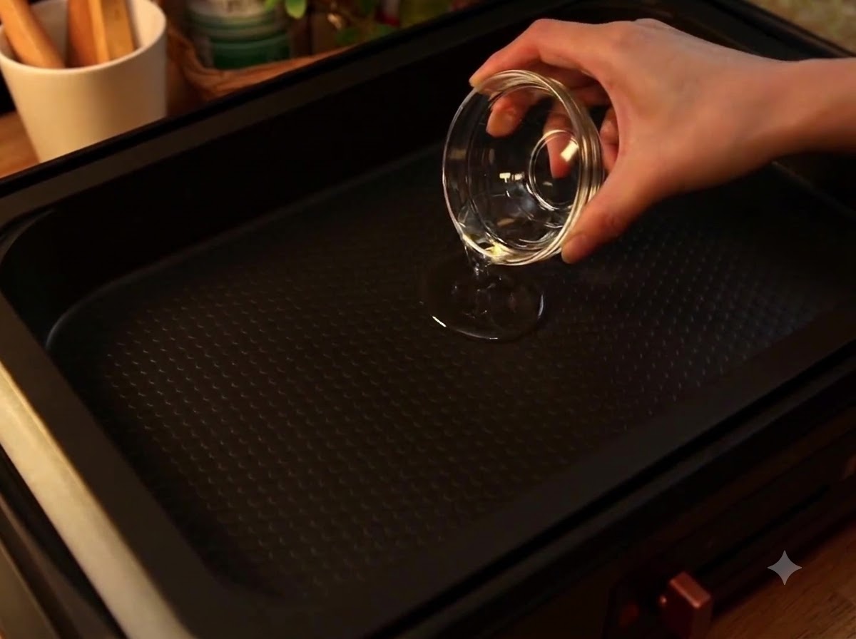 Salad oil being poured from a small glass dish onto the center of a black rectangular hot plate.