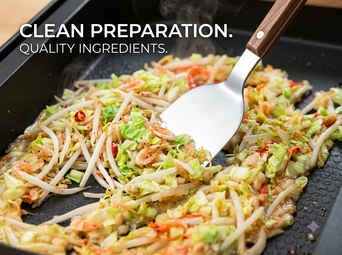 A metal spatula slicing through a mound of cooking cabbage and vegetables on a hot griddle.