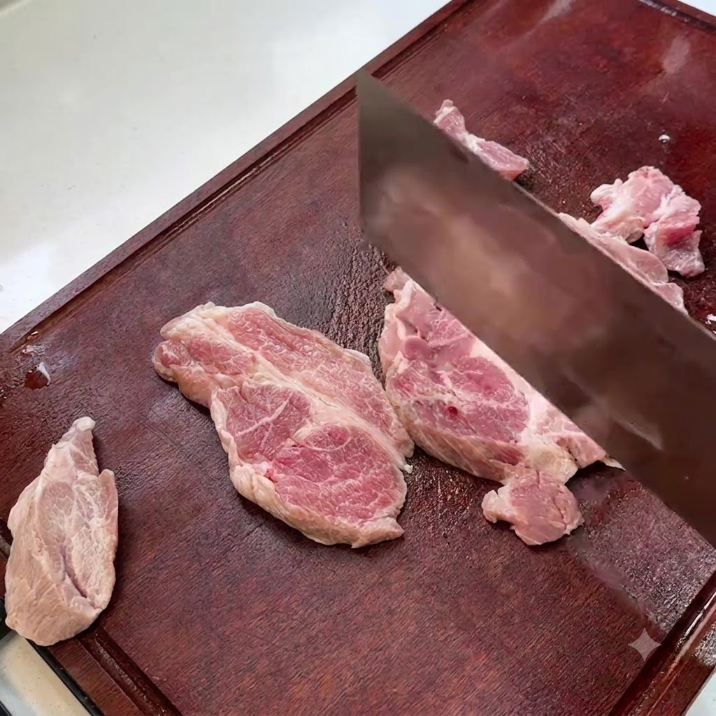 Pork shoulder slices being pounded with the back of a knife on a wooden cutting board.