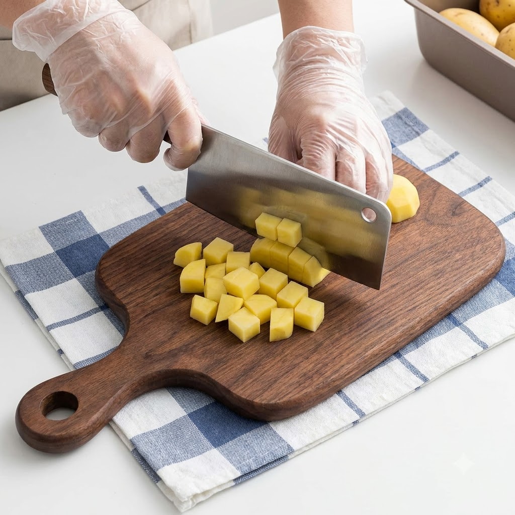 Potatoes being chopped into small cubes on a wooden cutting board using a heavy cleaver.