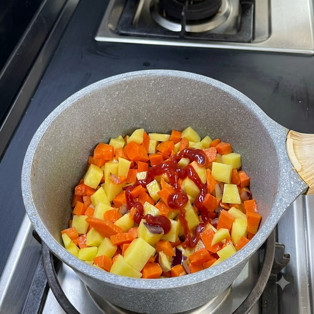 Ketchup being squeezed in a zigzag pattern over the mixture of diced carrots and potatoes in the pot.