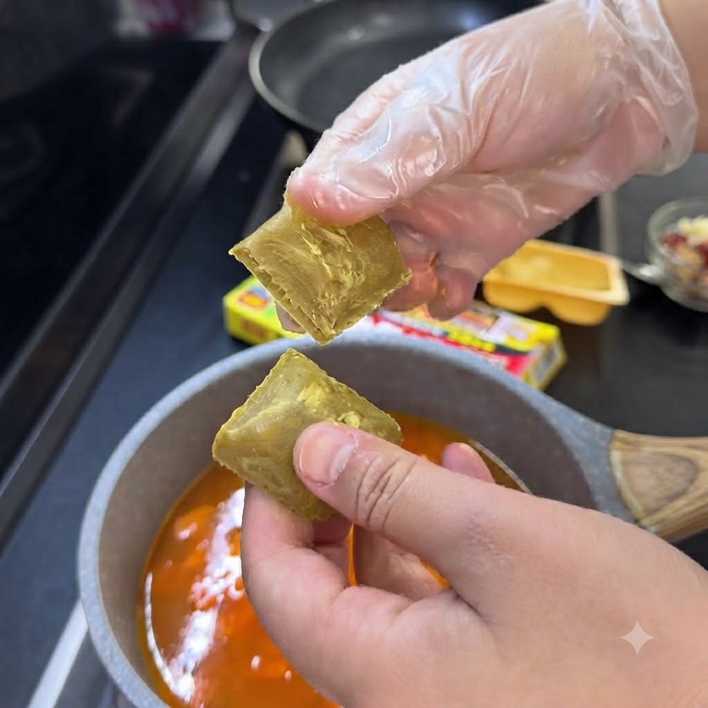 Two curry cubes being dropped into a simmering pot of vegetables and broth.
