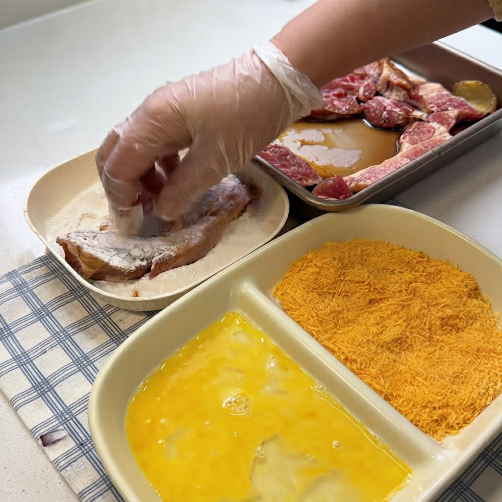 A gloved hand coating a pork piece in flour next to bowls of egg wash and breadcrumbs.