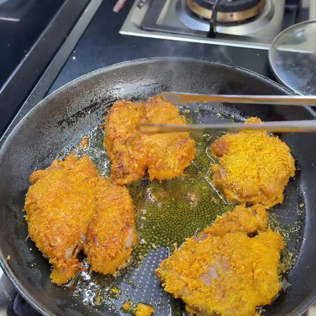 Fried pork cutlets in a pan being tested for doneness with chopsticks.