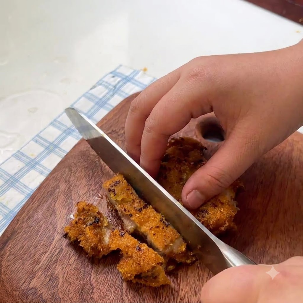 A crispy fried pork chop being sliced into bite-sized pieces on a cutting board.