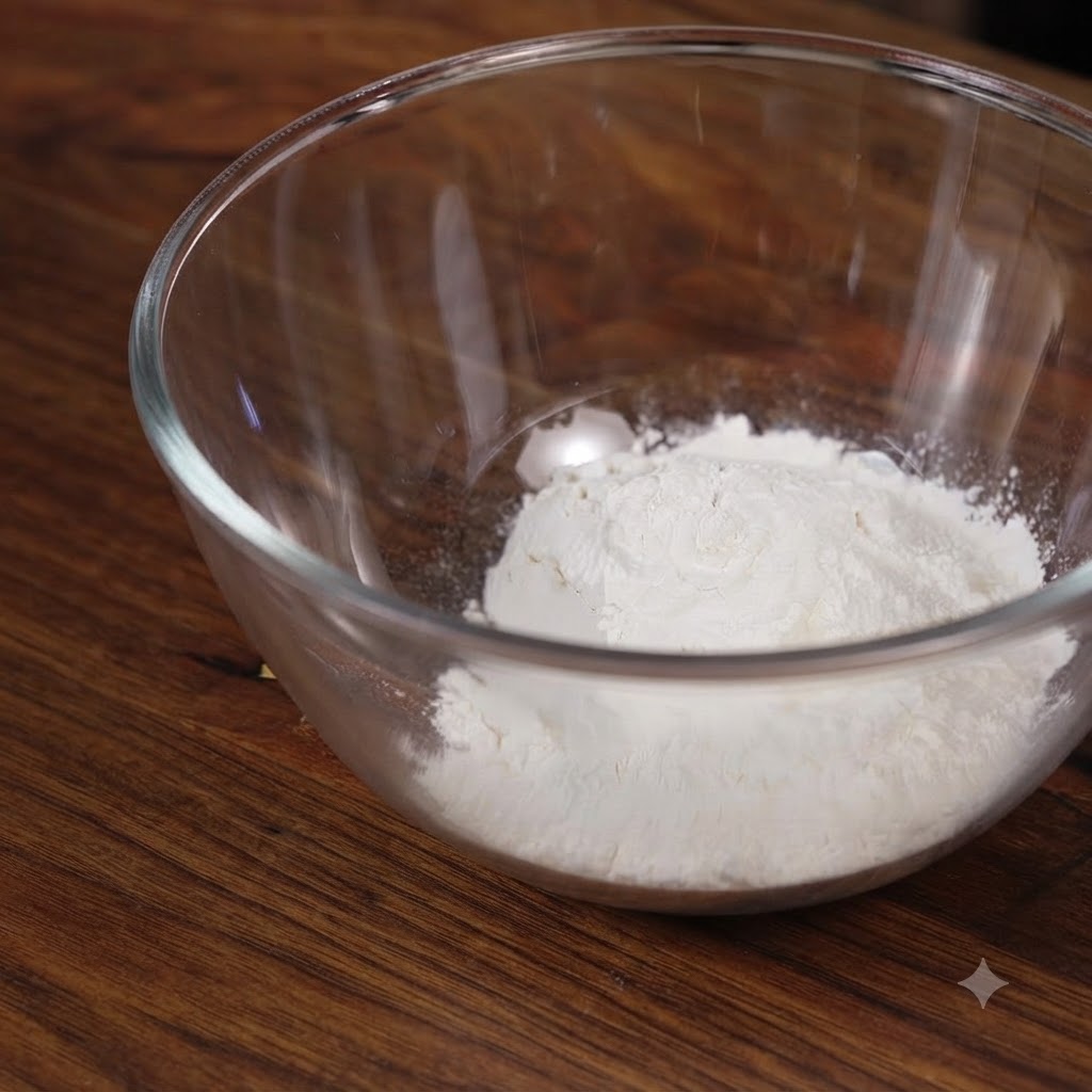 A clear glass bowl sitting on a wooden table, containing a mound of white flour.