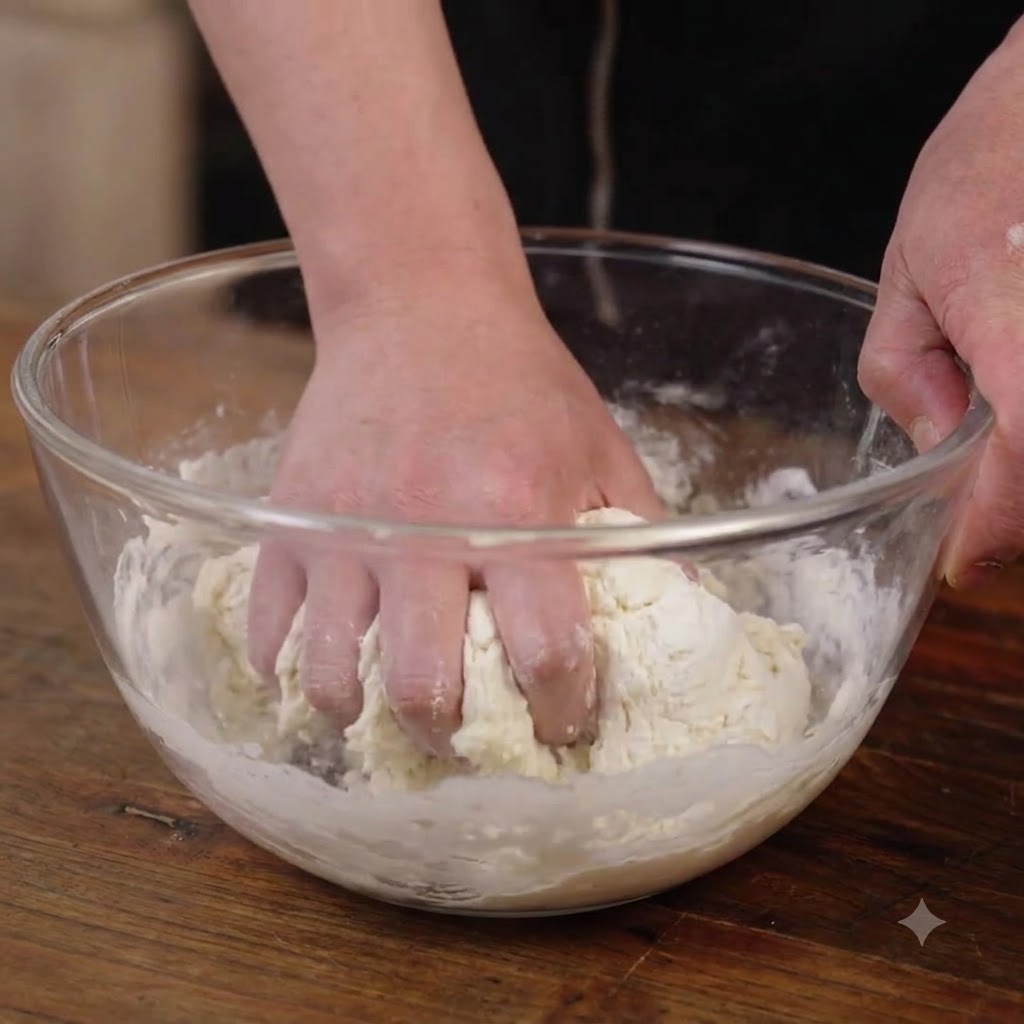 A persons hands actively kneading a wet dough mixture inside a large clear glass bowl.