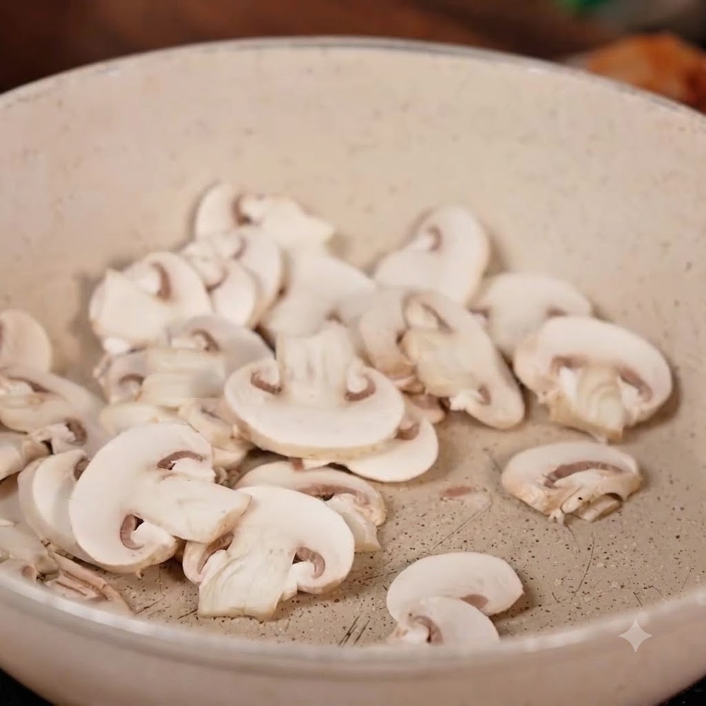 Sliced mushrooms being tossed into a skillet containing blanched pork belly slices and spicy kimchi.